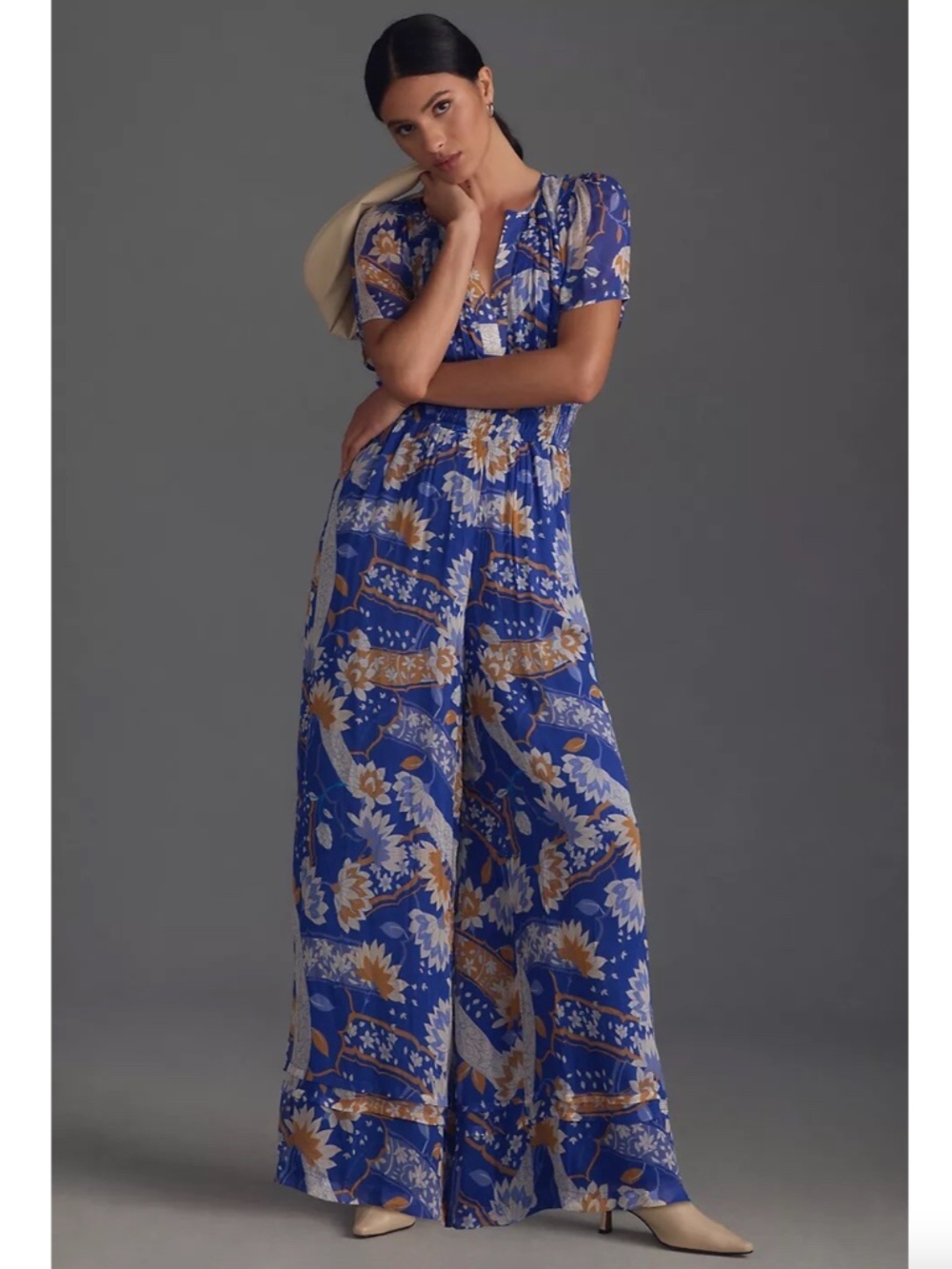 Anthropologie Somerset Jumpsuit Chiffon Edition Blue Floral Women's Large Petite